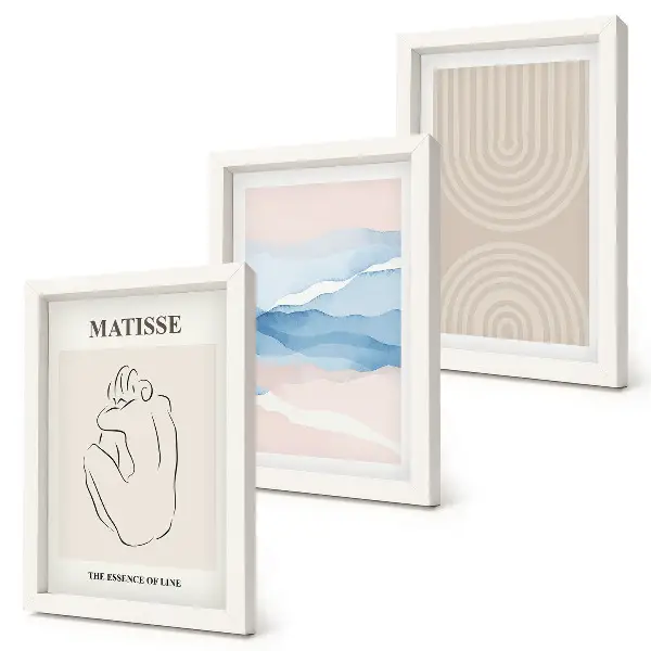 Bilderwand mit Linien und Wellen in Pastelltönen und minimalistischem Akzent