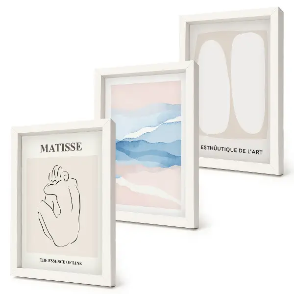 Bilderset mit Rahmen abstrakte Formen und zarte Farben im Stil von Matisse