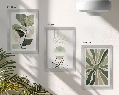 Fotowand mit Pflanzenmotiven und geometrischen Formen in Grün