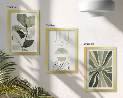 Fotowand mit Pflanzenmotiven und geometrischen Formen in Grün