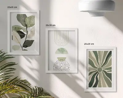 Fotowand mit Pflanzenmotiven und geometrischen Formen in Grün
