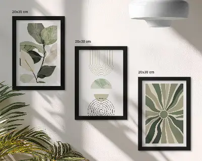Fotowand mit Pflanzenmotiven und geometrischen Formen in Grün