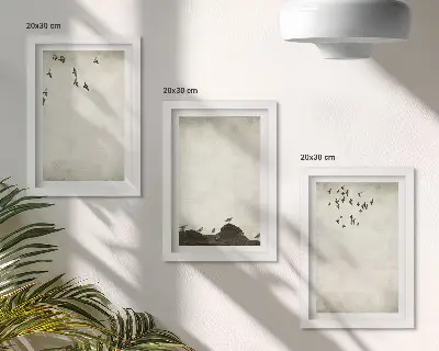 Bilderwand mit fliegender Vogelschar im minimalistischen Stil