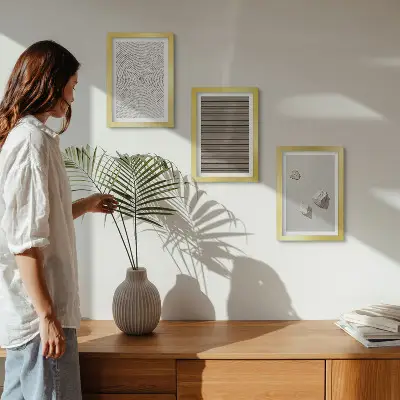 Bilderset mit Rahmen natürliche Texturen mit Holz, Steinen und Seil