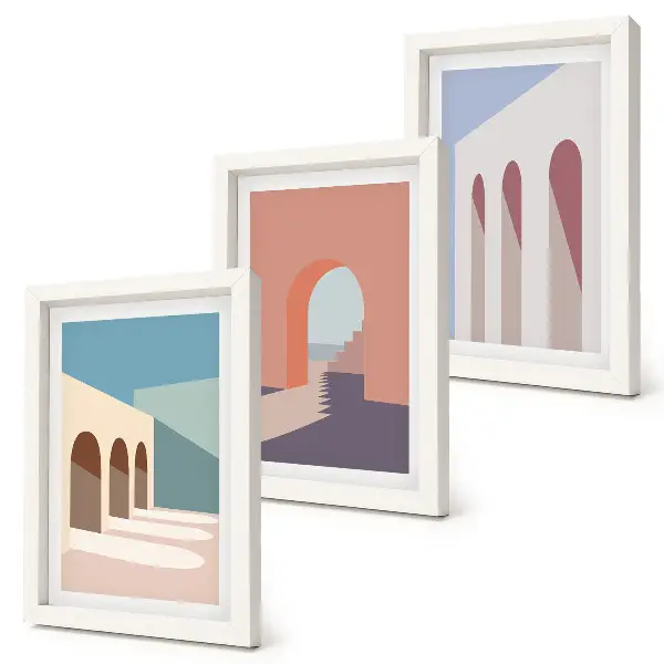 Bilderwand minimalistische Pastellgrafiken mit Stadtarchitektur