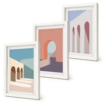Bilderwand minimalistische Pastellgrafiken mit Stadtarchitektur