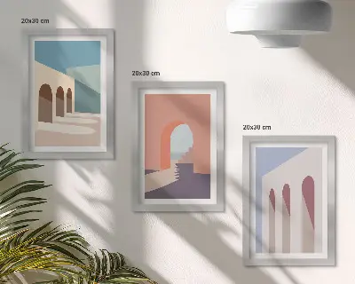 Bilderwand minimalistische Pastellgrafiken mit Stadtarchitektur