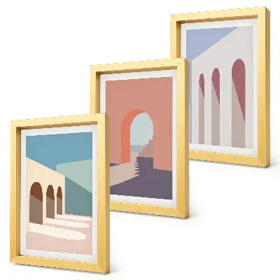 Bilderwand minimalistische Pastellgrafiken mit Stadtarchitektur