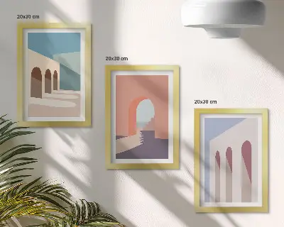 Bilderwand minimalistische Pastellgrafiken mit Stadtarchitektur