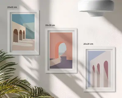 Bilderwand minimalistische Pastellgrafiken mit Stadtarchitektur