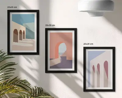 Bilderwand minimalistische Pastellgrafiken mit Stadtarchitektur