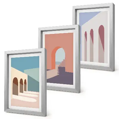 Bilderwand minimalistische Pastellgrafiken mit Stadtarchitektur