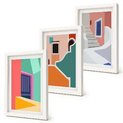 Fotowand mit farbenfrohen Illustrationen von Gebäuden im modernen Stil