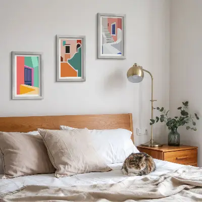 Fotowand mit farbenfrohen Illustrationen von Gebäuden im modernen Stil
