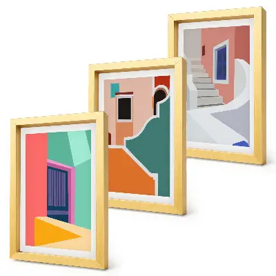 Fotowand mit farbenfrohen Illustrationen von Gebäuden im modernen Stil