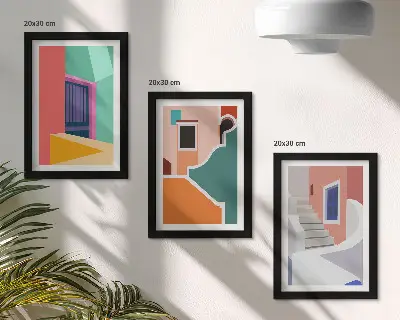 Fotowand mit farbenfrohen Illustrationen von Gebäuden im modernen Stil