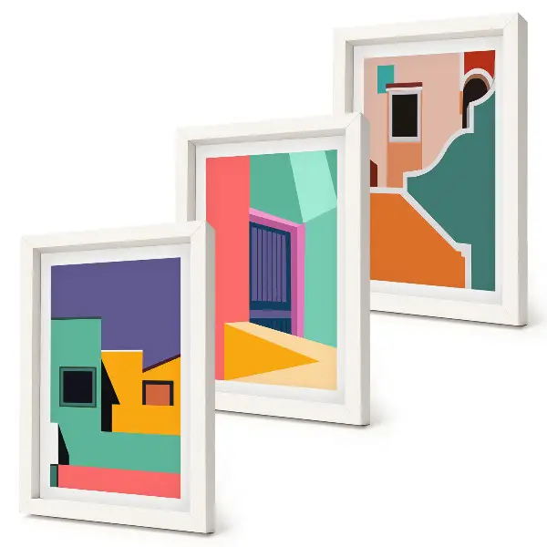Bilderwand mit farbenfrohen Illustrationen der Stadt im modernen Stil