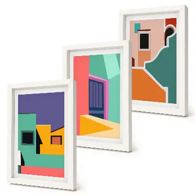 Bilderwand mit farbenfrohen Illustrationen der Stadt im modernen Stil
