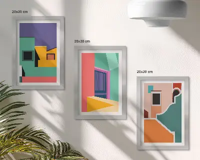 Bilderwand mit farbenfrohen Illustrationen der Stadt im modernen Stil