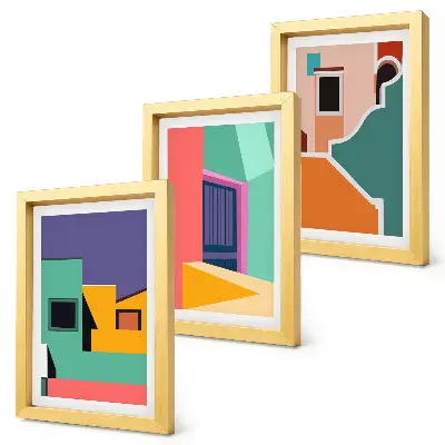 Bilderwand mit farbenfrohen Illustrationen der Stadt im modernen Stil
