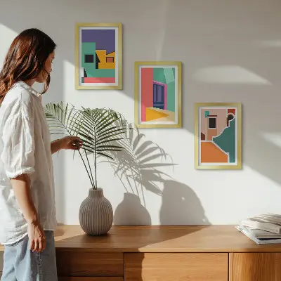 Bilderwand mit farbenfrohen Illustrationen der Stadt im modernen Stil