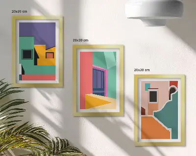 Bilderwand mit farbenfrohen Illustrationen der Stadt im modernen Stil
