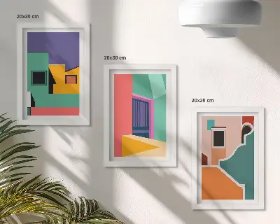 Bilderwand mit farbenfrohen Illustrationen der Stadt im modernen Stil