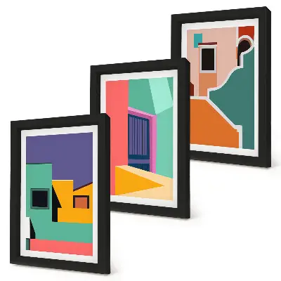 Bilderwand mit farbenfrohen Illustrationen der Stadt im modernen Stil