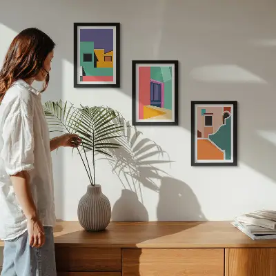 Bilderwand mit farbenfrohen Illustrationen der Stadt im modernen Stil