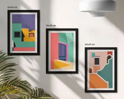 Bilderwand mit farbenfrohen Illustrationen der Stadt im modernen Stil