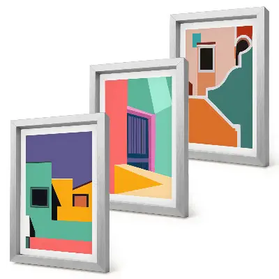 Bilderwand mit farbenfrohen Illustrationen der Stadt im modernen Stil