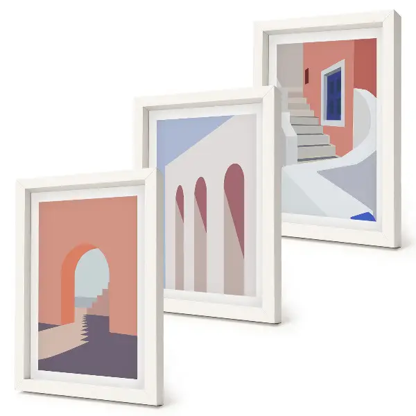 Bilderwand mit Illustrationen urbaner Architektur im minimalistischen Stil