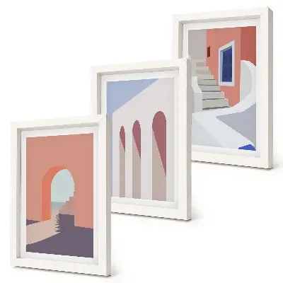 Bilderwand mit Illustrationen urbaner Architektur im minimalistischen Stil