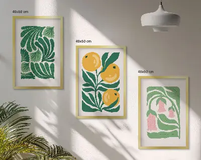 Gerahmtes Bilderset mit minimalistischen Pflanzenmustern