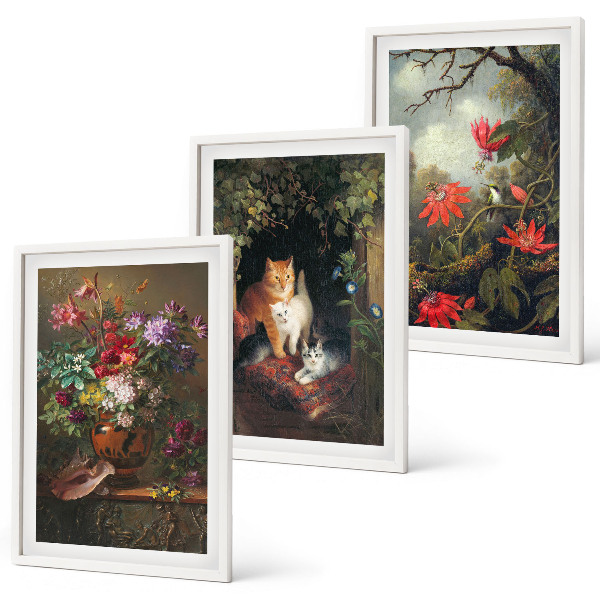 Gerahmtes bilderset Vintage-Blumen, Katzen, Natur