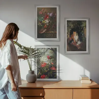 Gerahmtes Bilderset mit Motiven von Vintage-Blumen, Katzen und Natur