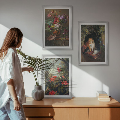 Gerahmtes bilderset Vintage-Blumen, Katzen, Natur