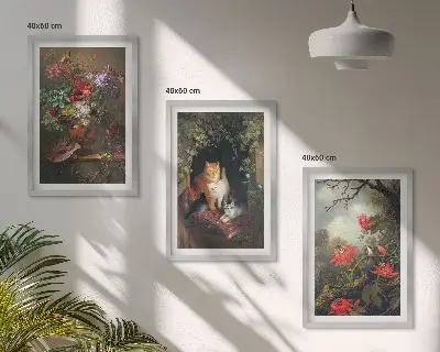 Gerahmtes Bilderset mit Motiven von Vintage-Blumen, Katzen und Natur