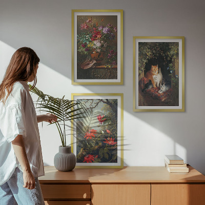 Gerahmtes bilderset Vintage-Blumen, Katzen, Natur