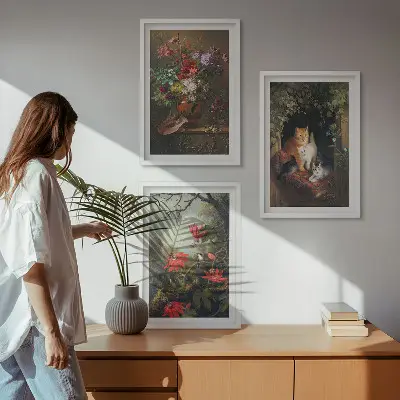 Gerahmtes Bilderset mit Motiven von Vintage-Blumen, Katzen und Natur