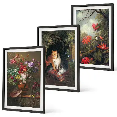Gerahmtes Bilderset mit Motiven von Vintage-Blumen, Katzen und Natur