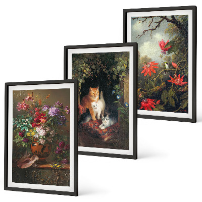 Gerahmtes bilderset Vintage-Blumen, Katzen, Natur