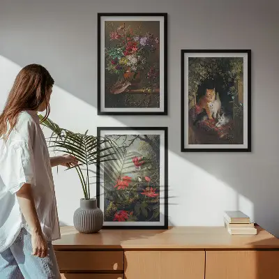Gerahmtes Bilderset mit Motiven von Vintage-Blumen, Katzen und Natur