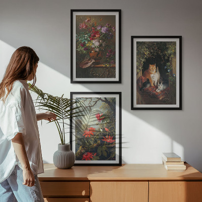 Gerahmtes bilderset Vintage-Blumen, Katzen, Natur