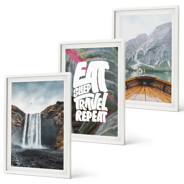 3er-Set Bilder mit Rahmen Motiv Wasserfall, Berge, Natur und Boot