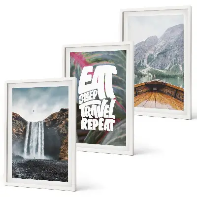 3er-Set Bilder mit Rahmen Motiv Wasserfall, Berge, Natur und Boot