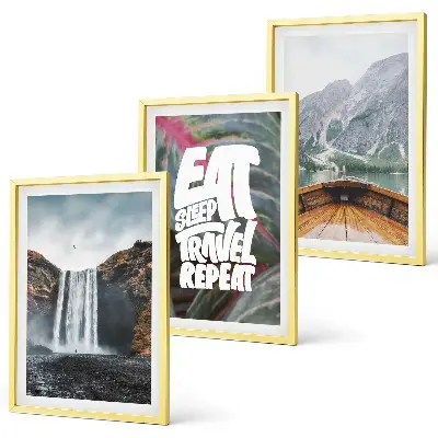 3er-Set Bilder mit Rahmen Motiv Wasserfall, Berge, Natur und Boot