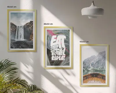 3er-Set Bilder mit Rahmen Motiv Wasserfall, Berge, Natur und Boot
