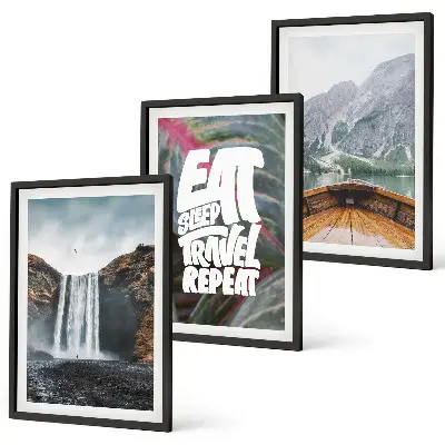 3er-Set Bilder mit Rahmen Motiv Wasserfall, Berge, Natur und Boot