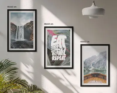 3er-Set Bilder mit Rahmen Motiv Wasserfall, Berge, Natur und Boot